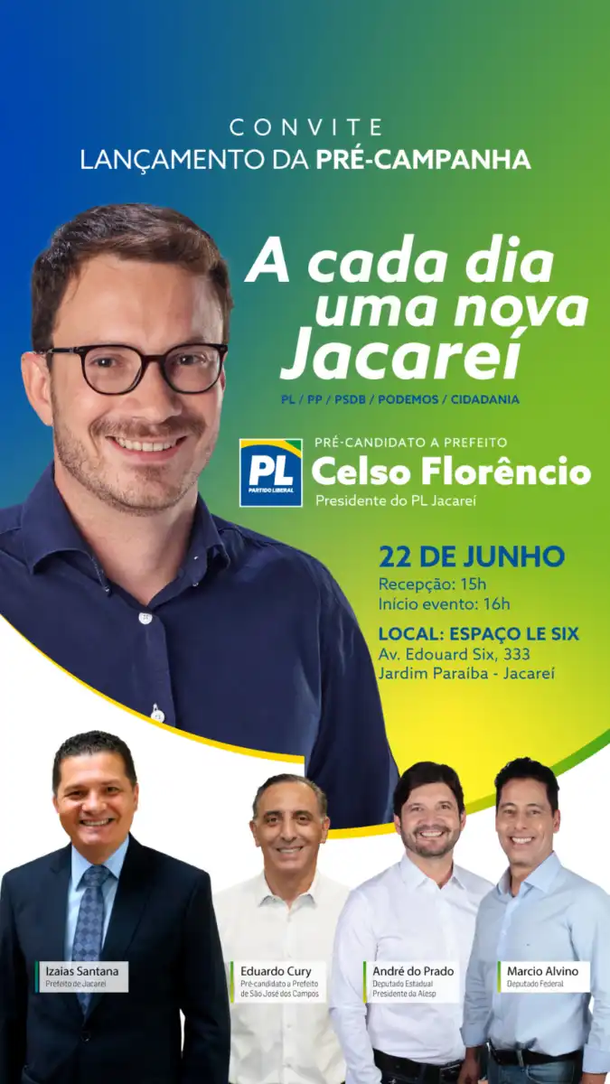 Partido Liberal (PL) de Jacareí lança pré-candidatura de Celso Florêncio a prefeito, no sábado (22)