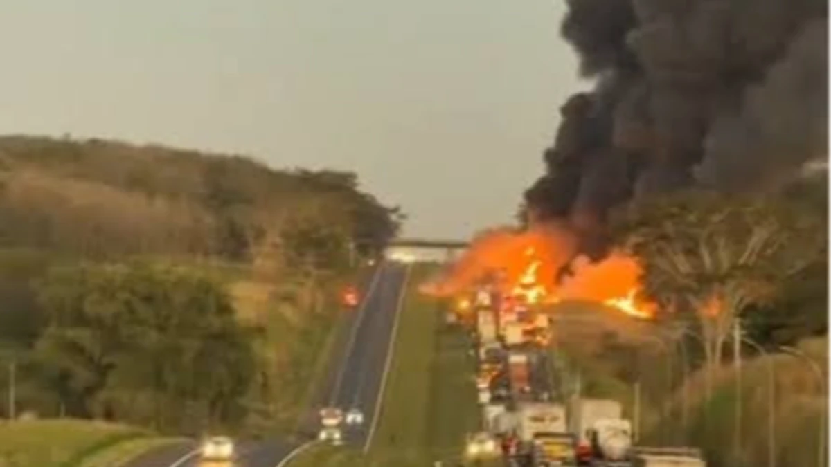 Caminhão pega fogo e incendeia vegetação às margens da Rod. Washington Luís