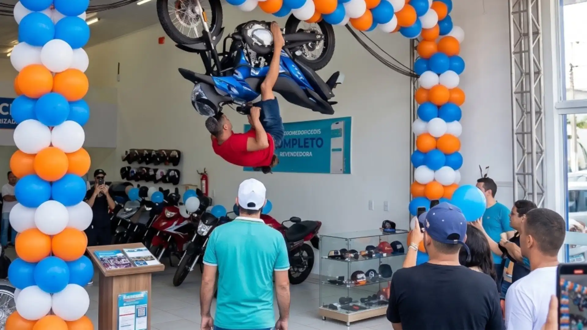 Loja oferece moto zero km para quem ficar 10 minutos pendurado