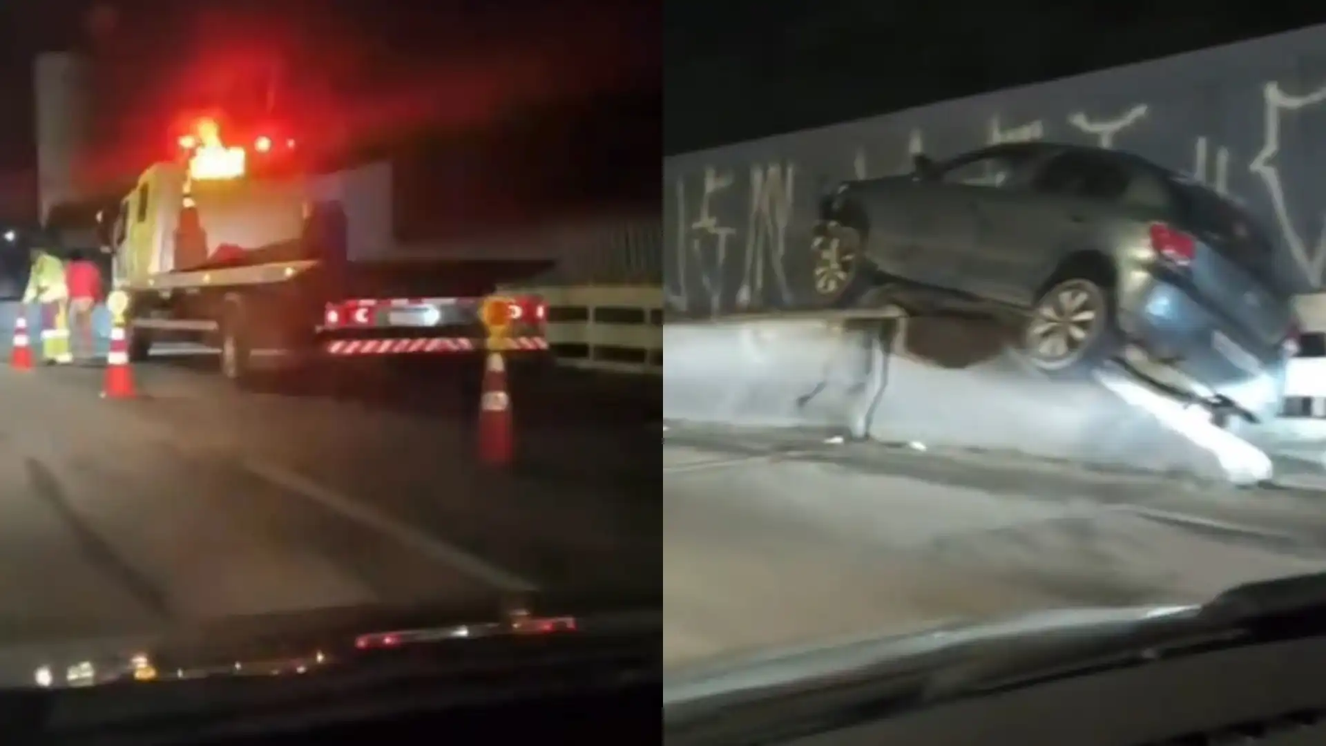 Motorista perde controle ao subir ponte e veículo fica preso em mureta em Caraguá