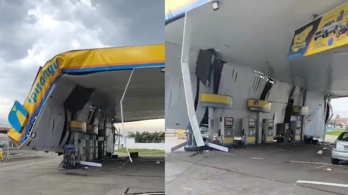 Estrutura de posto de combustíveis é atingida por vendaval em Caraguá