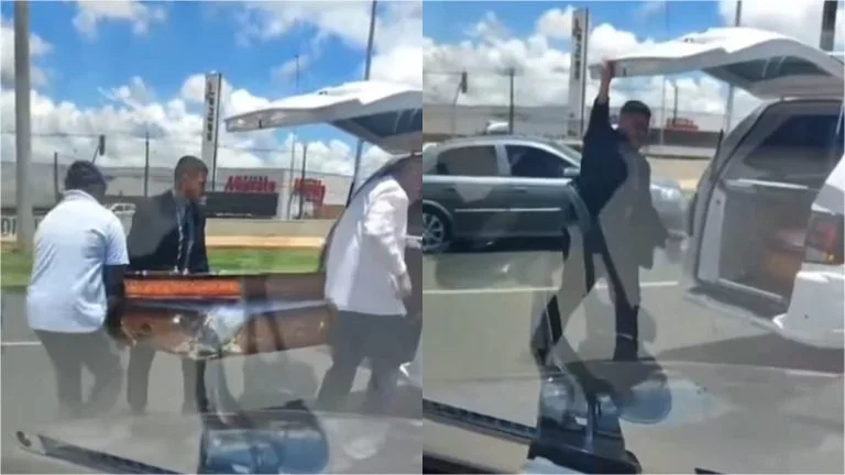 Caixão com cadáver cai de veículo funerário em avenida movimentada 
