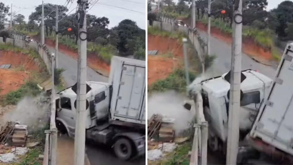Caminhão perde controle em descida, destrói muro e derruba poste na Zona Leste de São José dos Campos